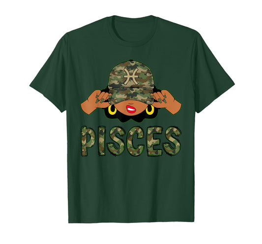 Pisces Queen Black Woman With Camo Cap Afro Girl Zodiac T-Shirt