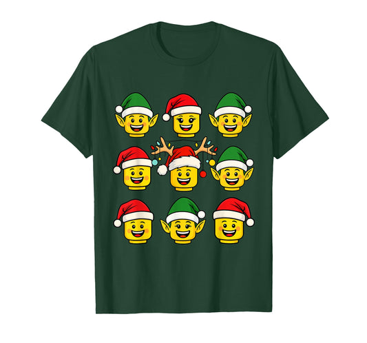 Christmas Building Bricks Santa Elf Reindeer Heads Block T-Shirt