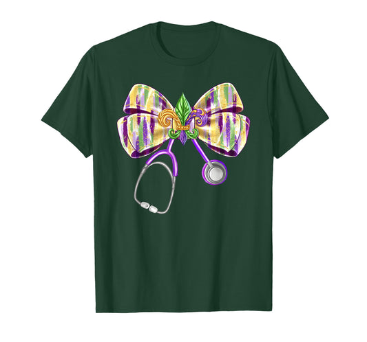 Coquette Bow Mardi Gras Nurse Doctor Stethoscope Mardi Gras T-Shirt