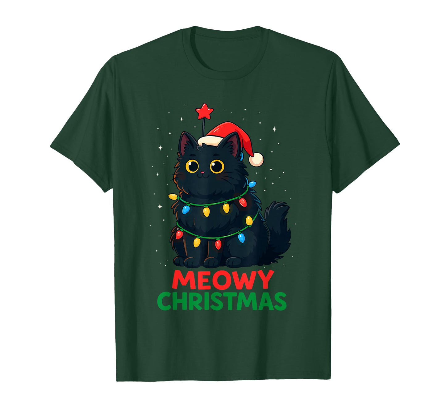Black Cat Christmas Tree Lights Shirt, Cat Meowy Christmas T-Shirt