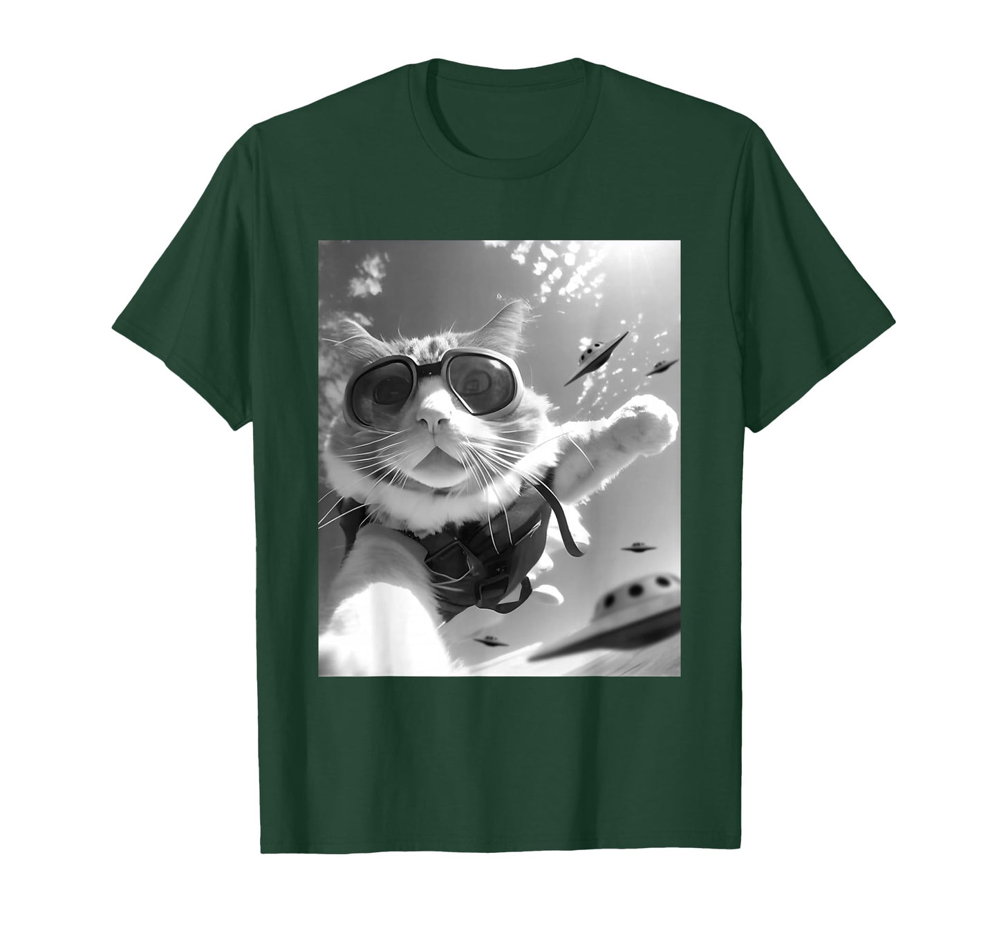 Funny Skydiving Cat Selfie with Alien UFOs T-Shirt
