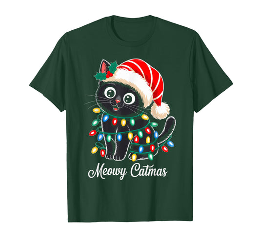 Cute Black Cat Christmas Lights Santa Hat Xmas Meowy Catmas T-Shirt