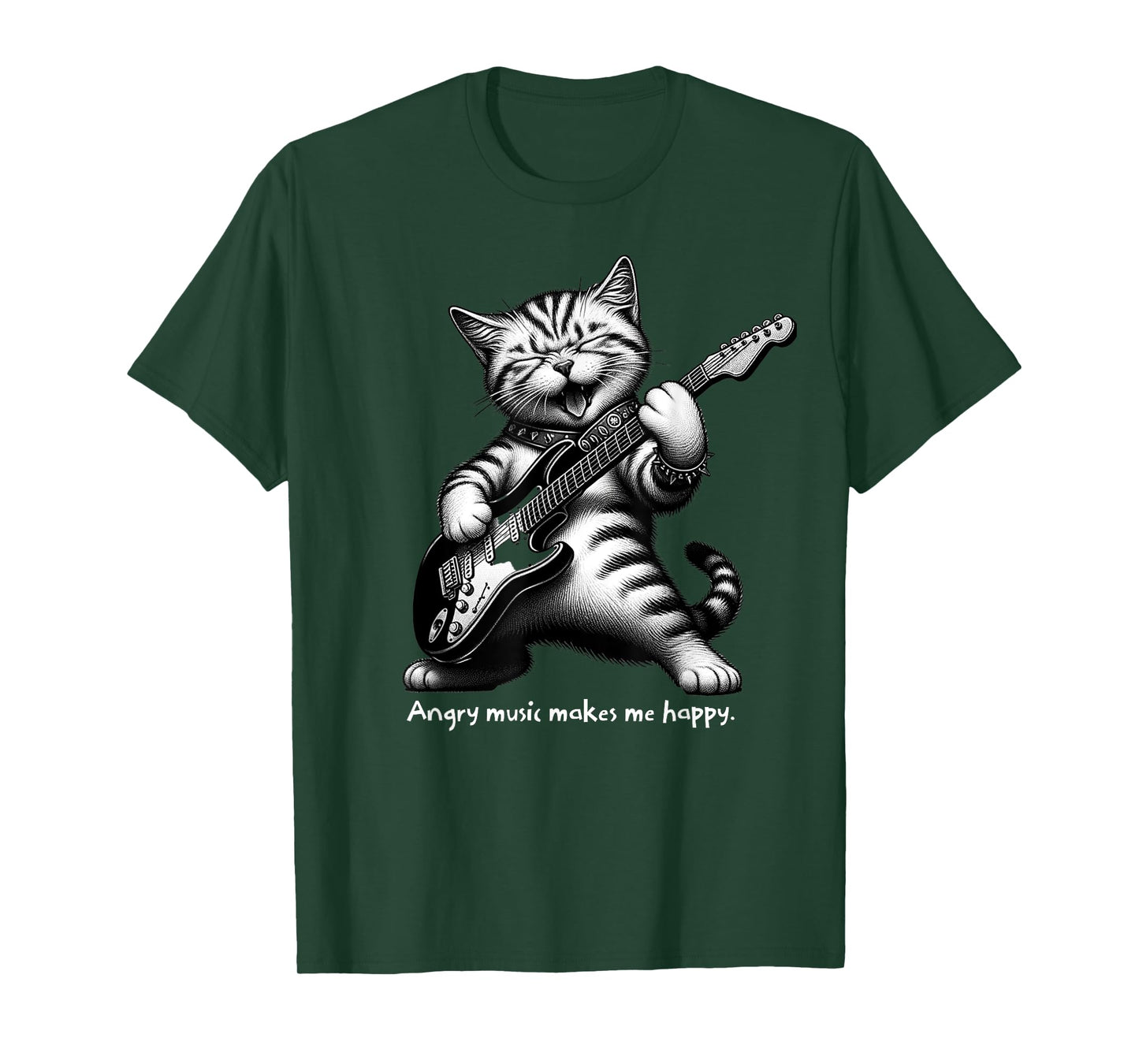 Cat Playing Electric Guitar Angry Music Makes Me Happy T-Shirt for Men Women Girls Kids