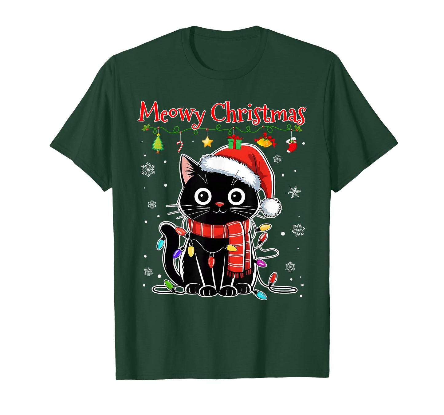 Funny Meowy Christmas Black Cat Xmas Lights Pajamas Family T-Shirt
