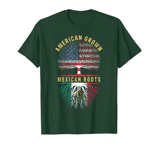 American Grown Mexican Roots Distressed Tree American Flag T-Shirt