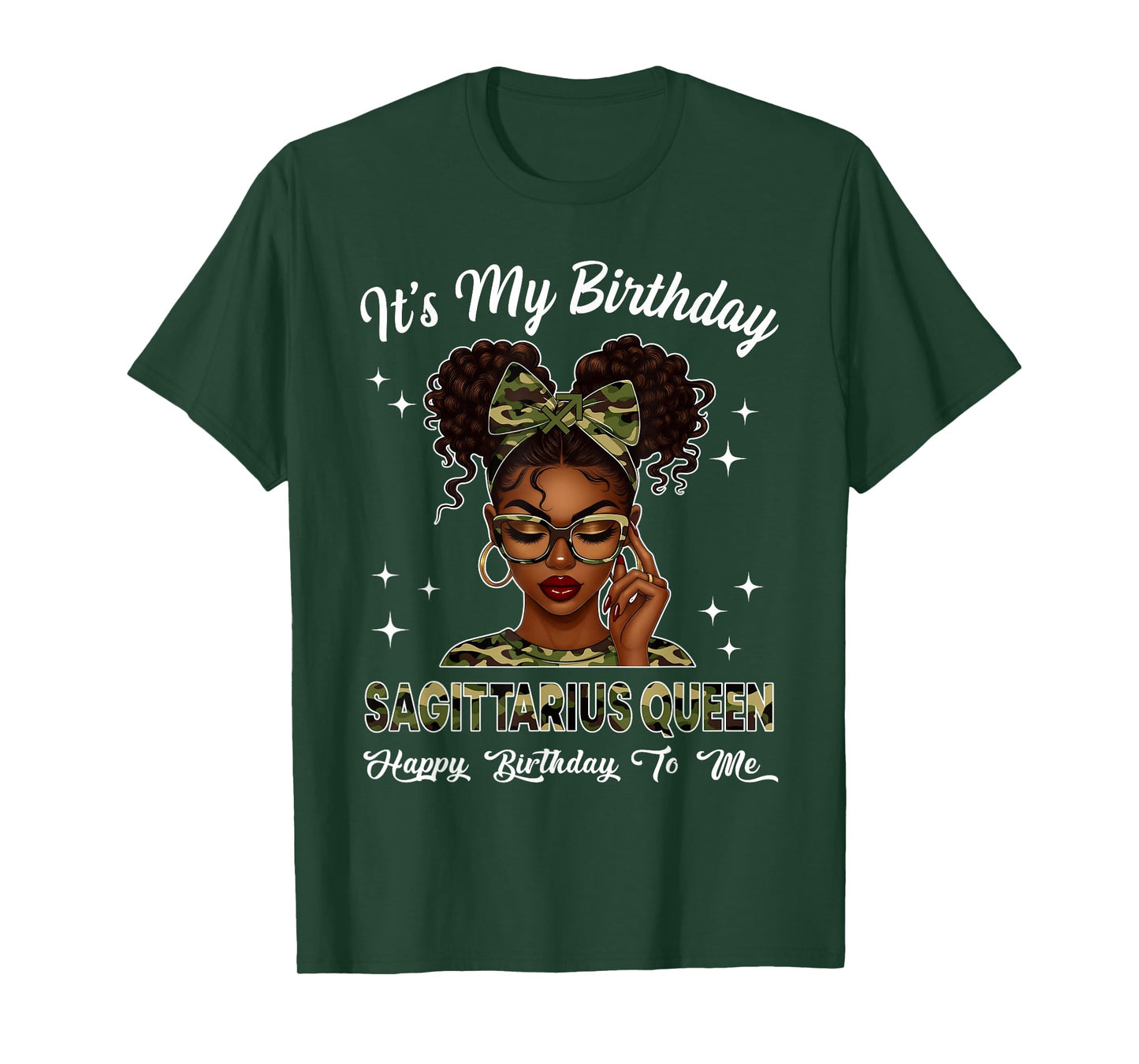 It's My Birthday Sagittarius Queen Camo Bow Afro Black Girl T-Shirt