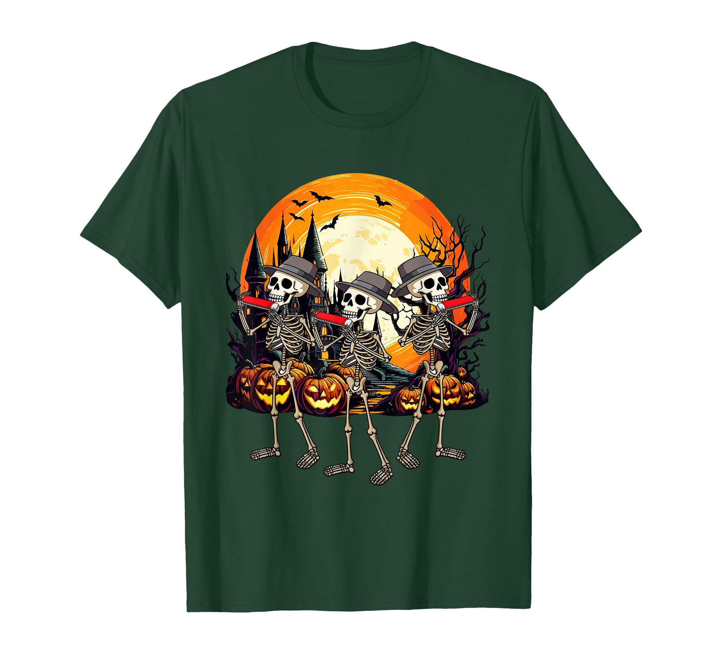 Three Funny Skeletons Playing Harmonica Halloween Instrument T-Shirt