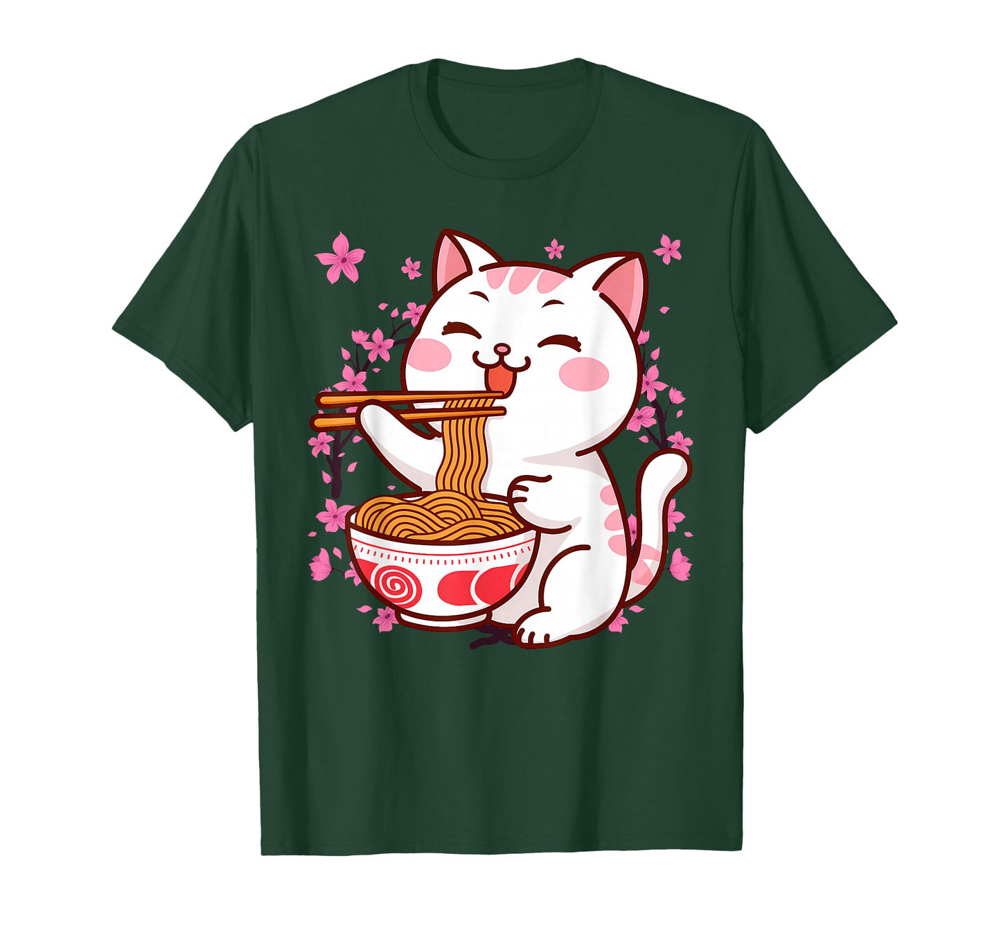 Pink Kawaii Cat Ramen Noodles Anime Japanese Cherry Blossom T-Shirt