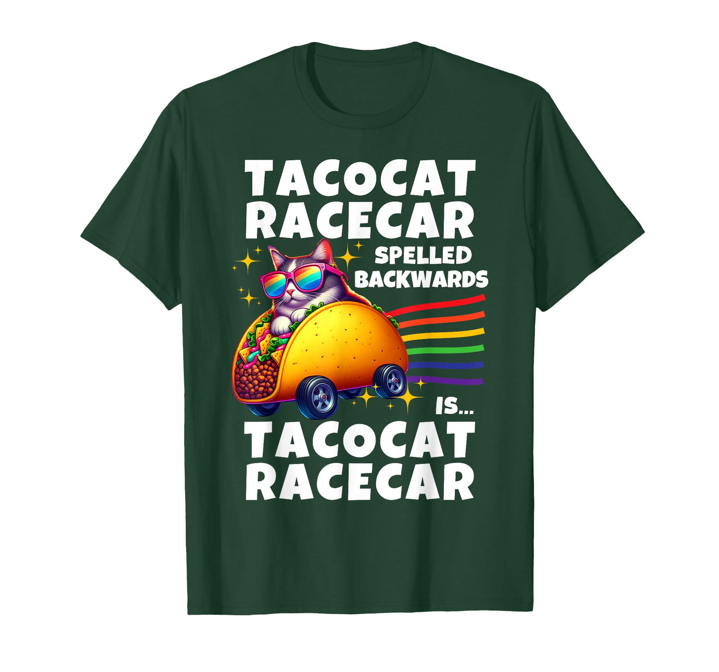 Tacocat Racecar Spelled Backwards Funny Mexican Rainbow Cat T-Shirt for Men Women Kids