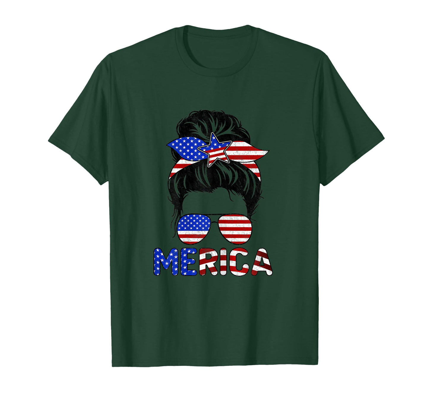 Womens Messy Bun Merica Sunglasses Women Girls USA Flag 4th of July T-Shirt