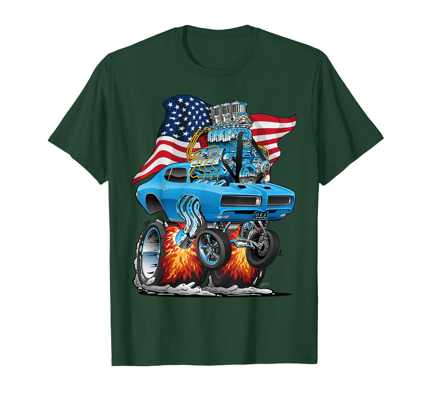 Patriotic 60s Muscle Car Funny Dragster USA Hotrod Cartoon T-Shirt