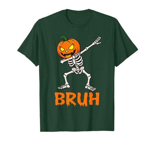 Bruh Dabbing Skeleton Funny Kids Boys Mens Halloween Pumpkin T-Shirt