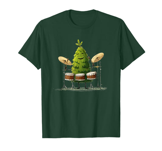 Festive Christmas Tree with Drums Instrument for Music Fans T-Shirt