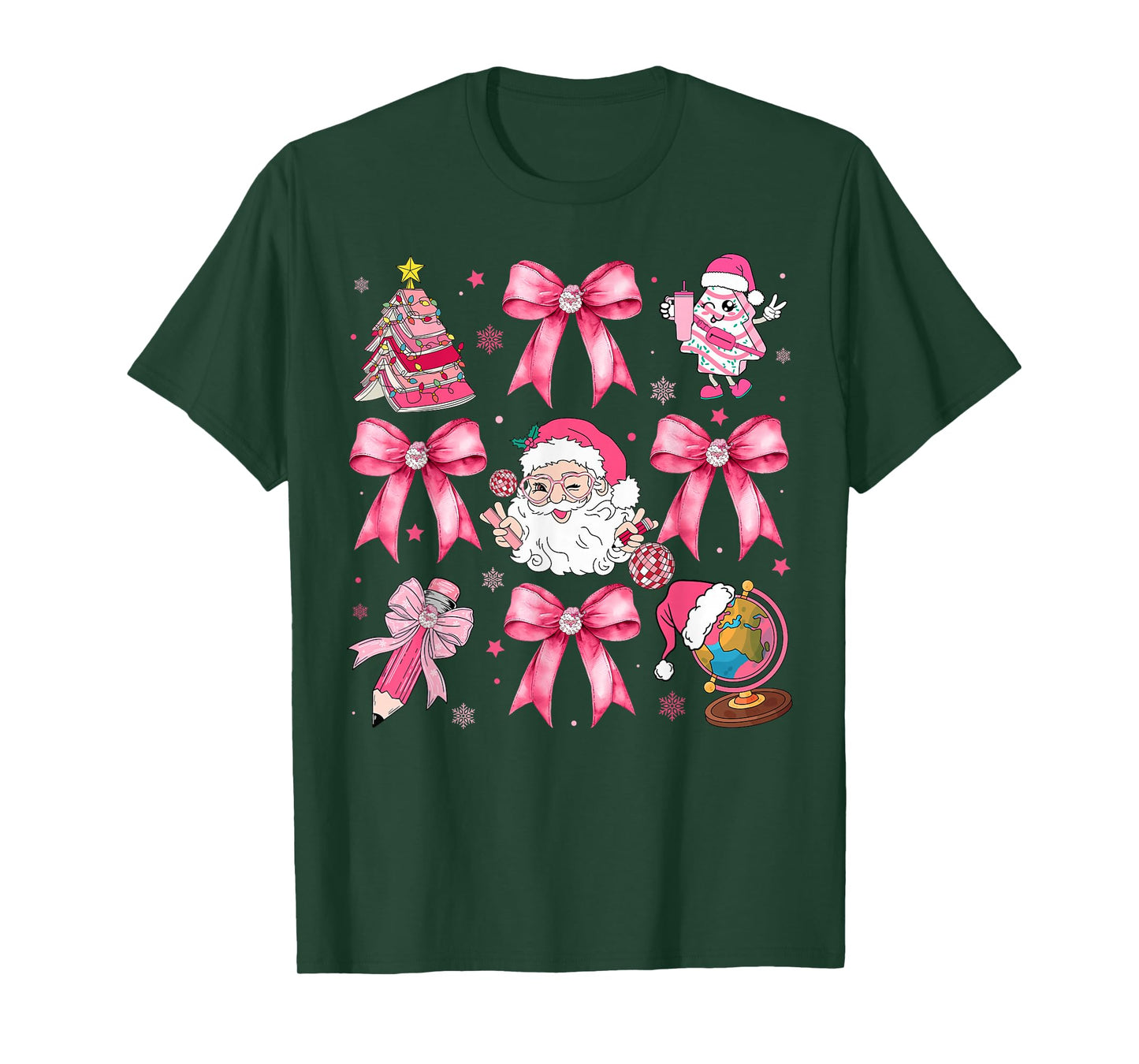 Merry Christmas Pink Santa Coquette Bow Teacher Girl Women T-Shirt