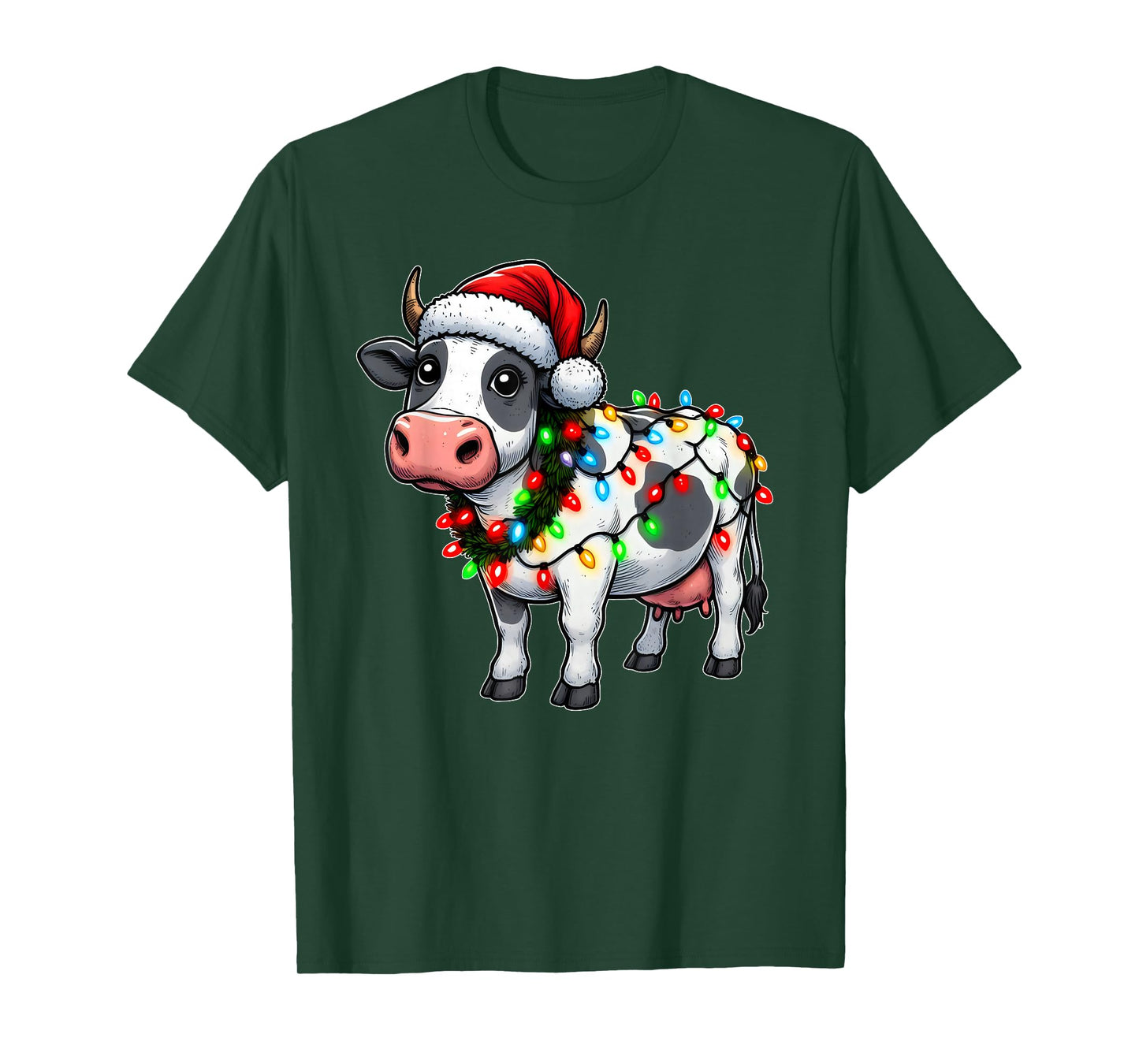 Merry Christmas Cow Santa Christmas Lights Cow Xmas Tree T-Shirt
