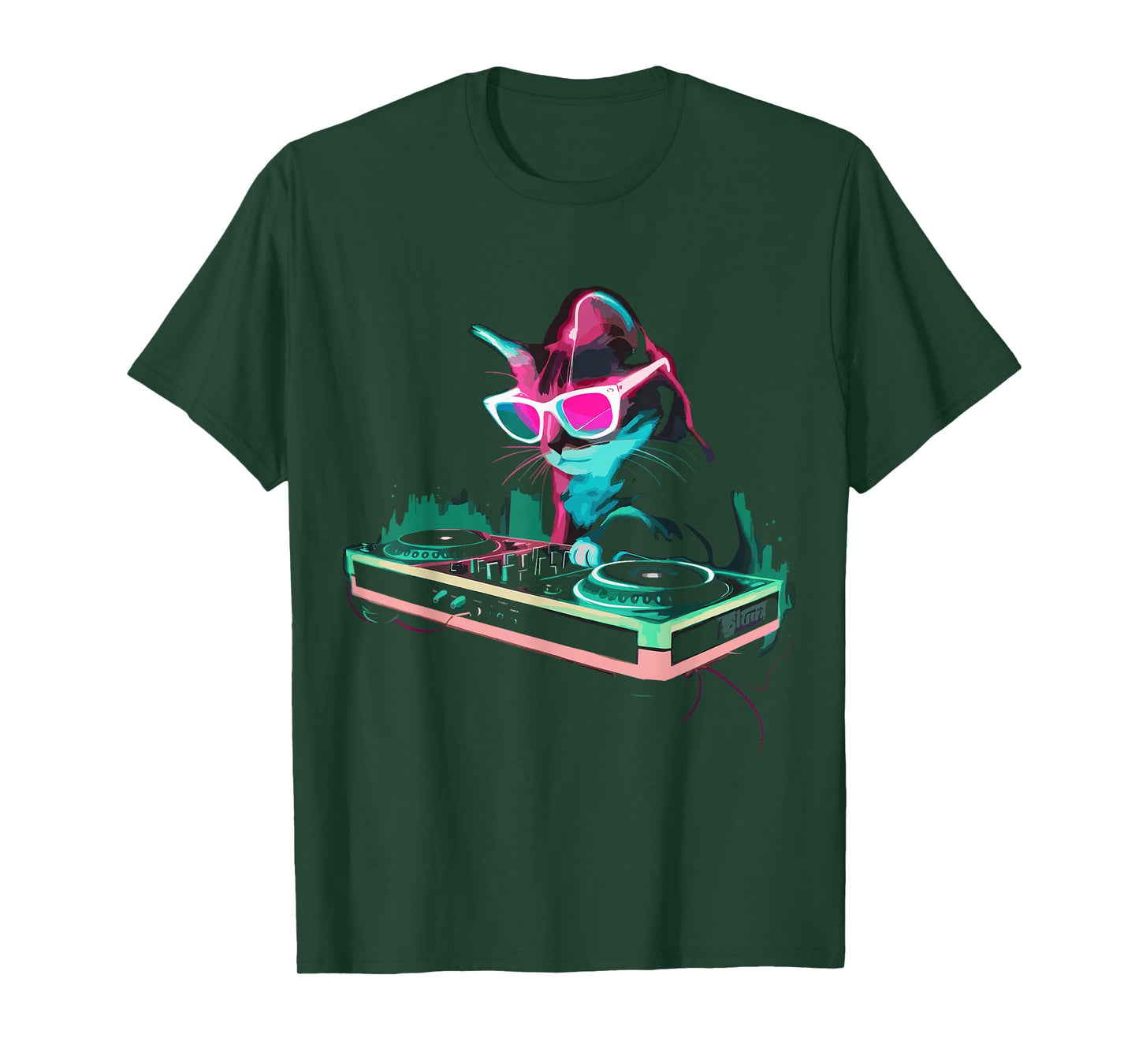 House DJ Cat Rainbow DJ Cat Kitty on Turntable Disco DJ Cat T-Shirt, Small, Black