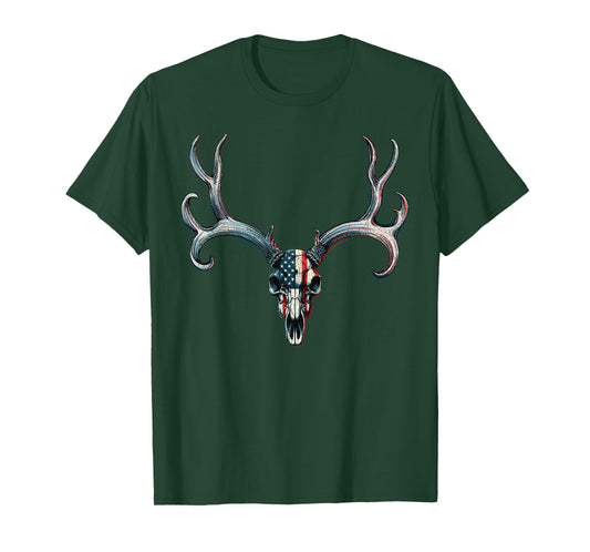 Mule Deer Hunting - American Flag on Buck Skull T-Shirt for Women Men