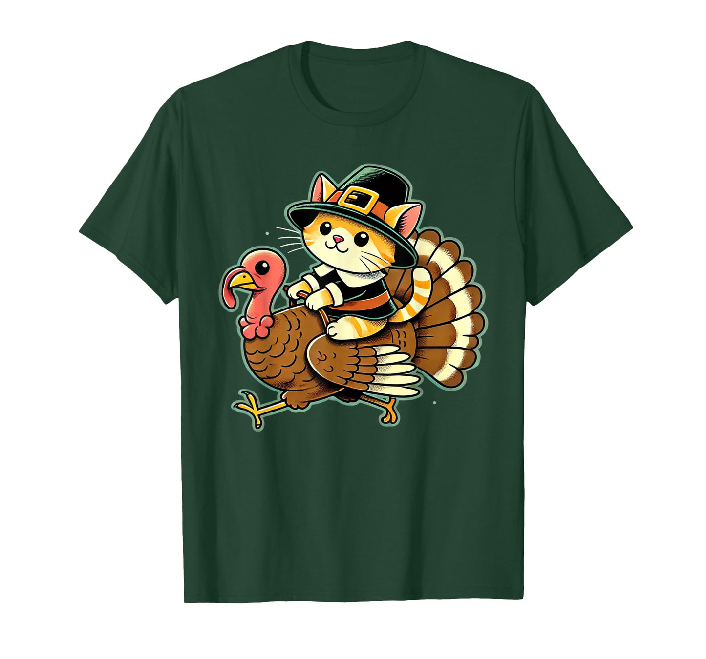 Cute Cat Pilgrim Costume And Turkey Funny Thanksgiving Retro T-Shirt for Men Women Girls Kids
