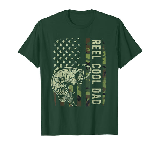 Reel Cool Dad Camouflage American Flag Bass Fish Fisherman T-Shirt