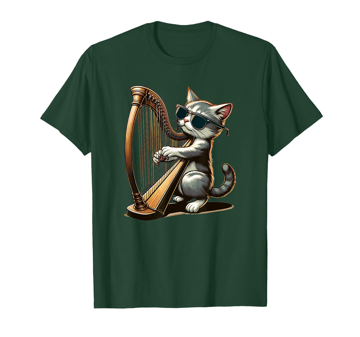 Musician Harpist Cat Wearing Sunglasses Cat Playing Harp T-Shirt for Men Women Kids