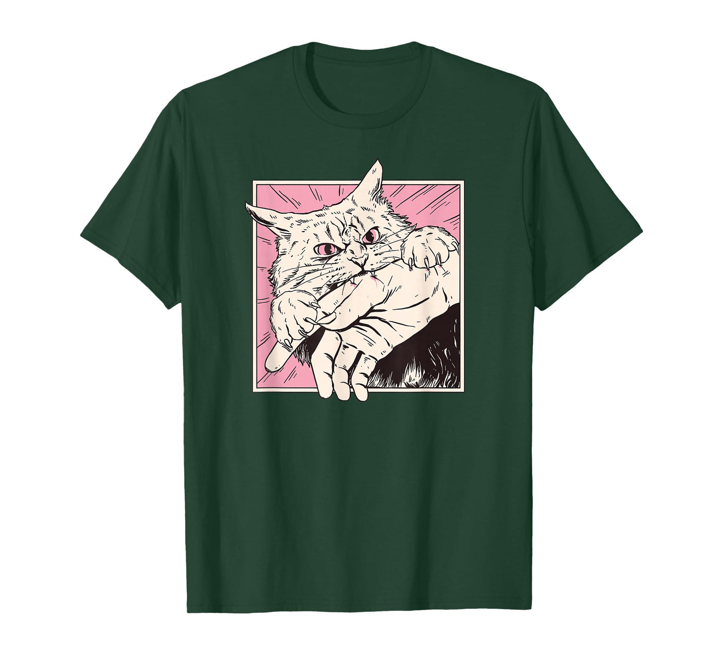 Cat Bite Retro Horror Graphic Japanese Manga Style Funny T-Shirt