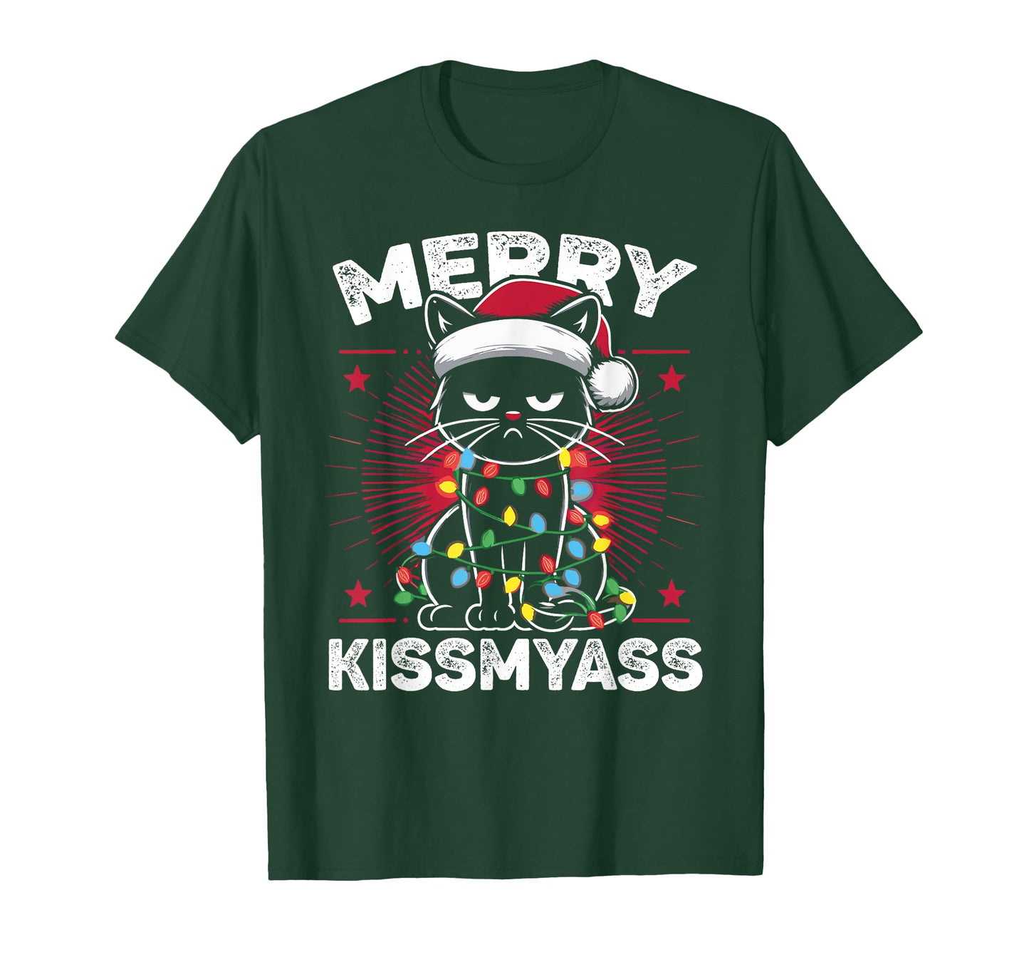 Merry Kissmyass Funny Cat Christmas Lights Christmas Cat T-Shirt