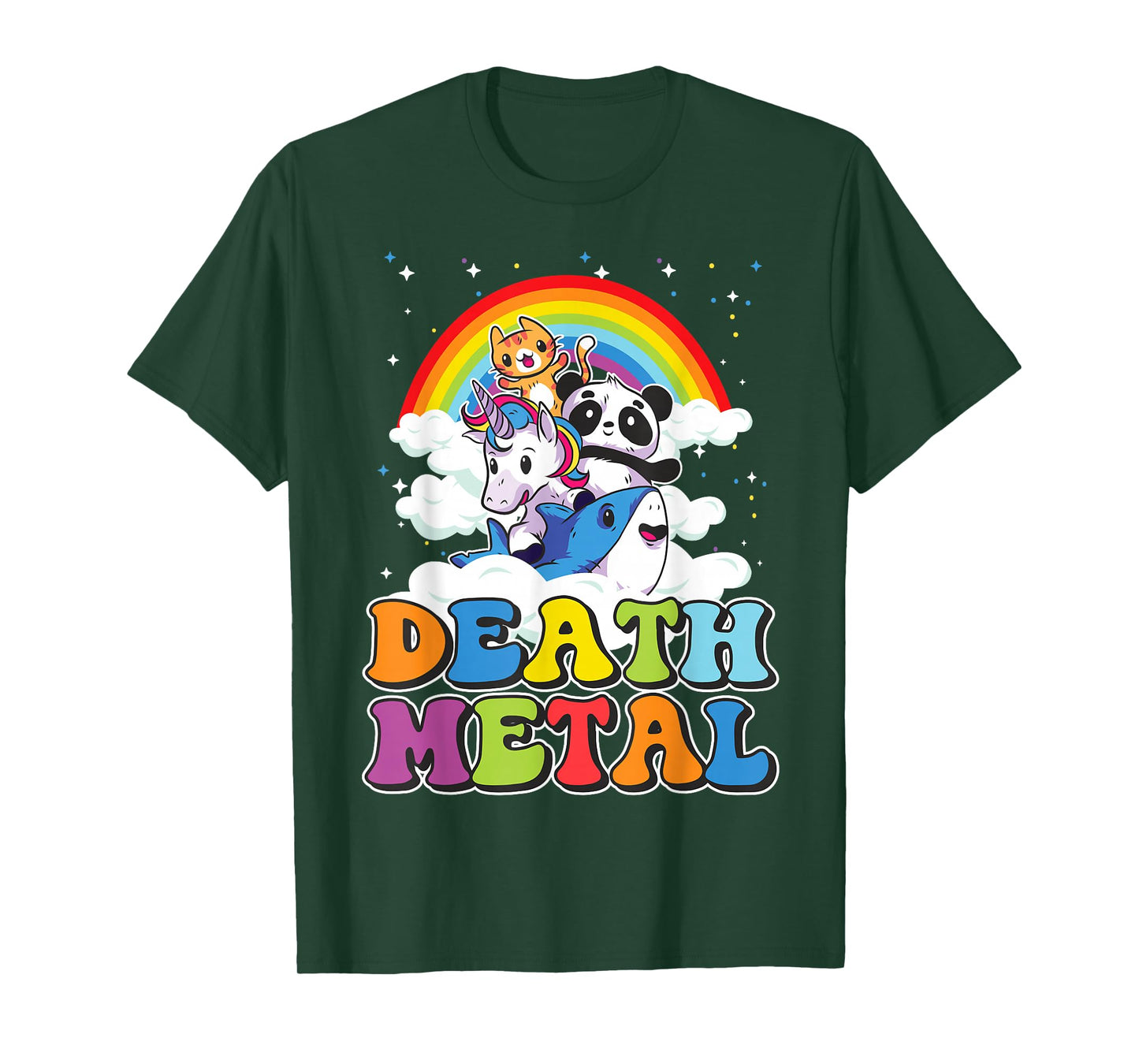 Retro Death Metal Cat Rainbow Unicorn Funny Heavy Metal T-Shirt Small