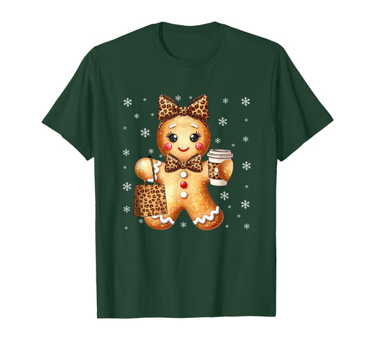 Coquette Cute Gingerbread Leopard Bow Christmas Girls Women T-Shirt