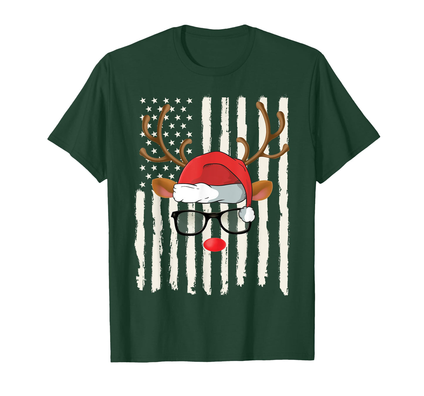 Cute Reindeer Santa Hat Glasses American Flag Christmas T-Shirt