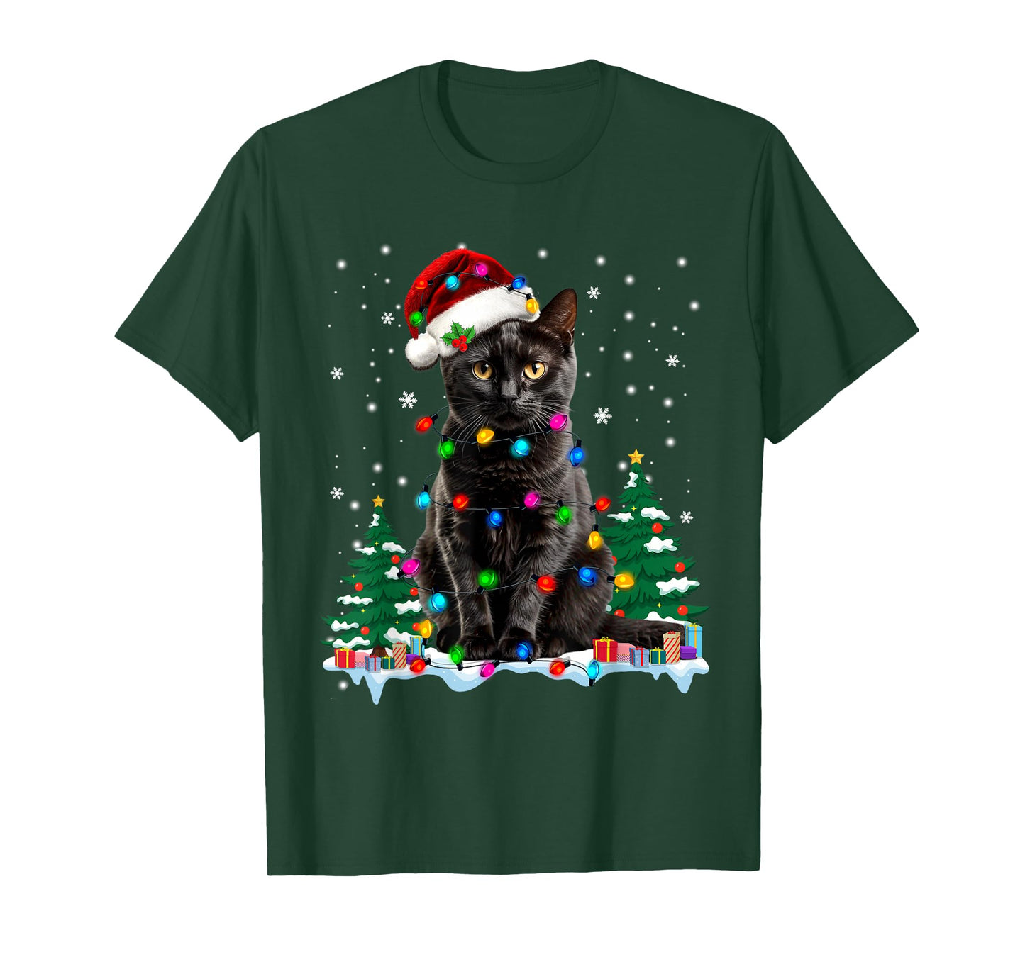 Black Cat Christmas Light Santa Hat Cat Lovers Xmas Pajamas T-Shirt