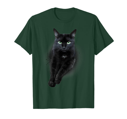 Cute Serious Face Black Green-eyed Cat T-Shirt for Men Women Kids