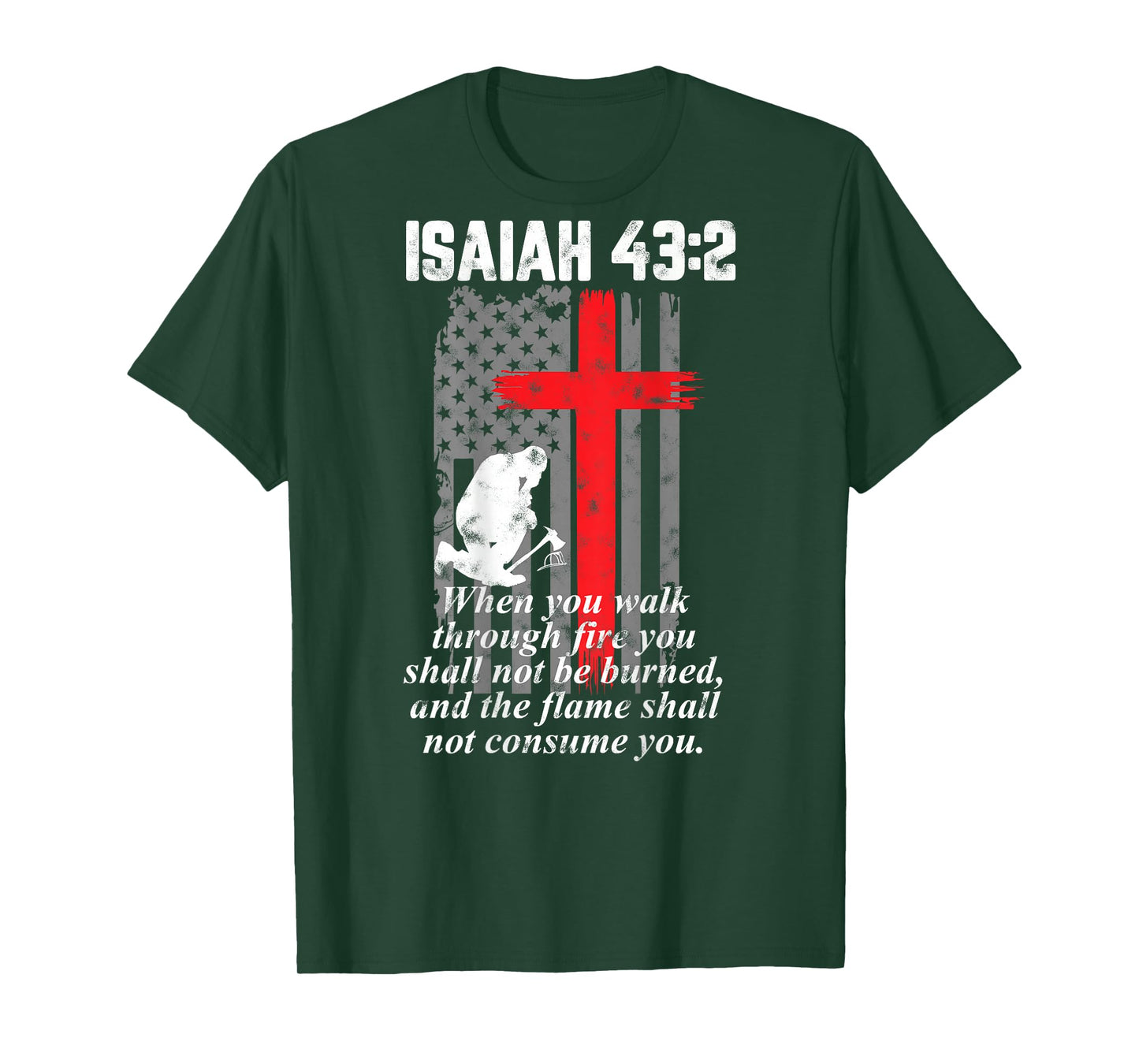 Thin Red Line Firefighter Cross Bible Verse American Flag T-Shirt Small