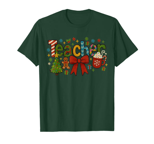 Christmas Teacher Faux Yarn Embroidery T-Shirt