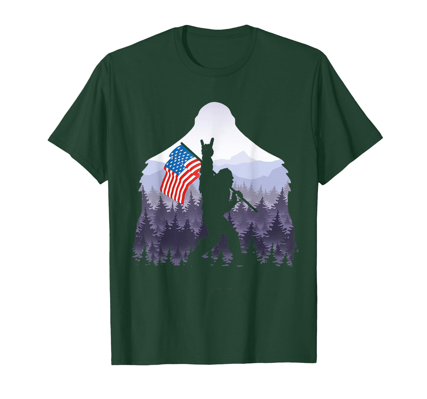 USA flag Bigfoot Victorty sign Peace in the forest camping Women Men T-Shirt