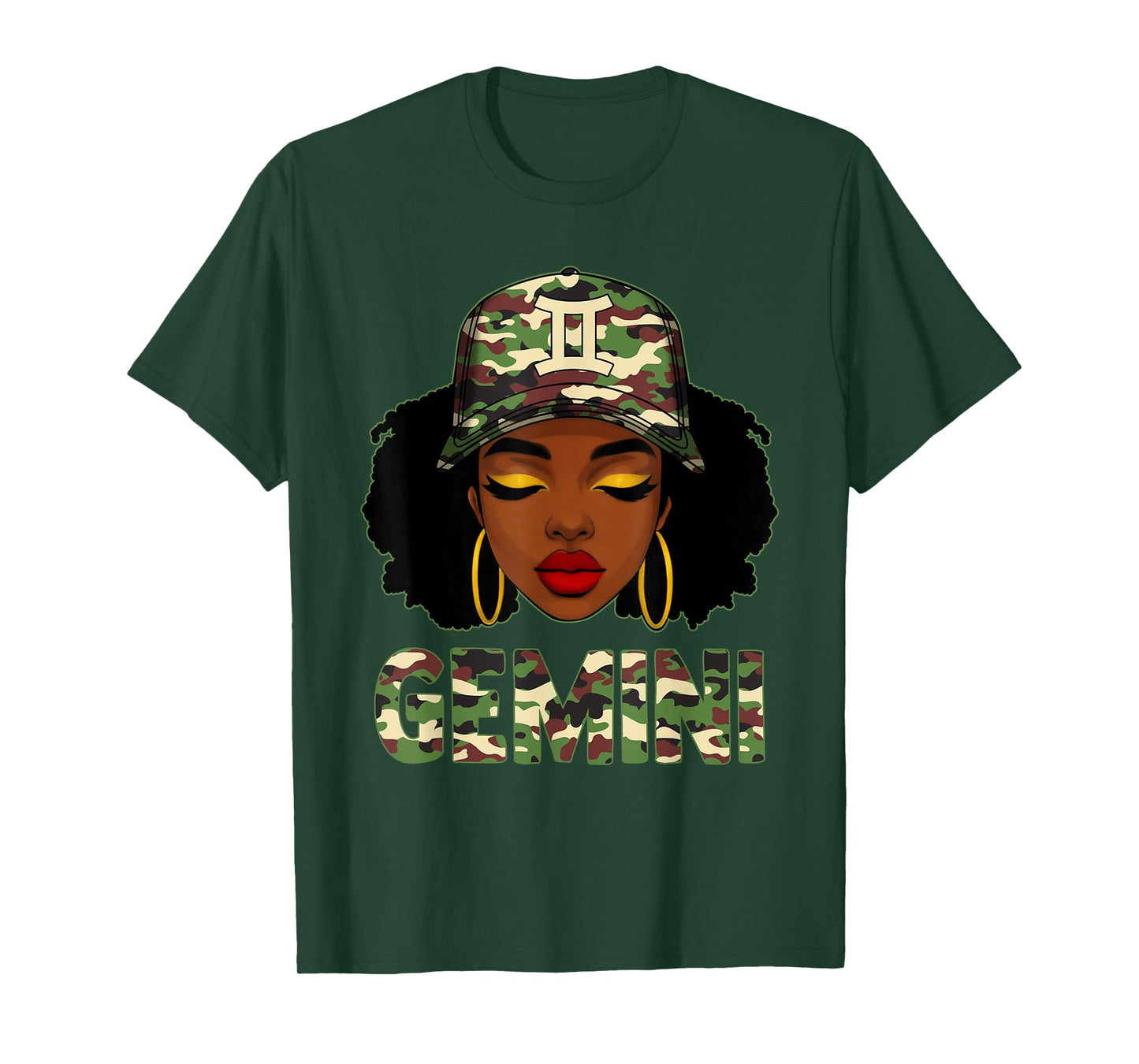 Gemini Queen Black Woman with Camo Cap Afro Girl Zodiac T-Shirt