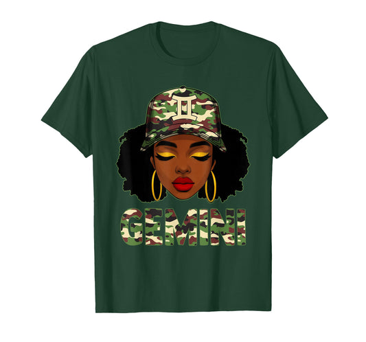Gemini Queen Black Woman with Camo Cap Afro Girl Zodiac T-Shirt