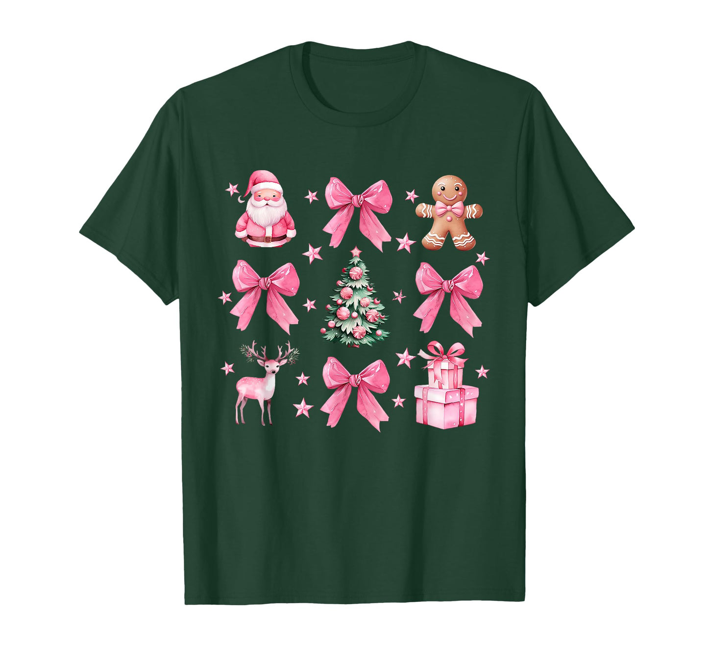 Cute Coquette Bow Pink Christmas Tree Santa Gingerbread Xmas T-Shirt