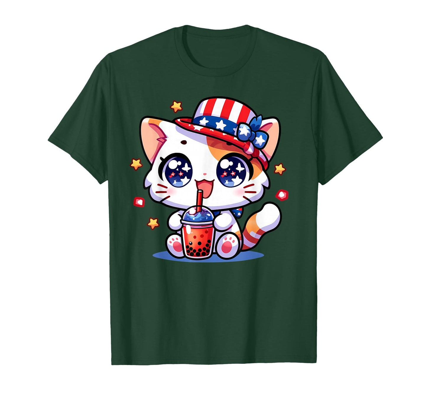 Cute 4th of July Cat Shirt Girls Kids Kawaii Anime Boba Tea T-Shirt