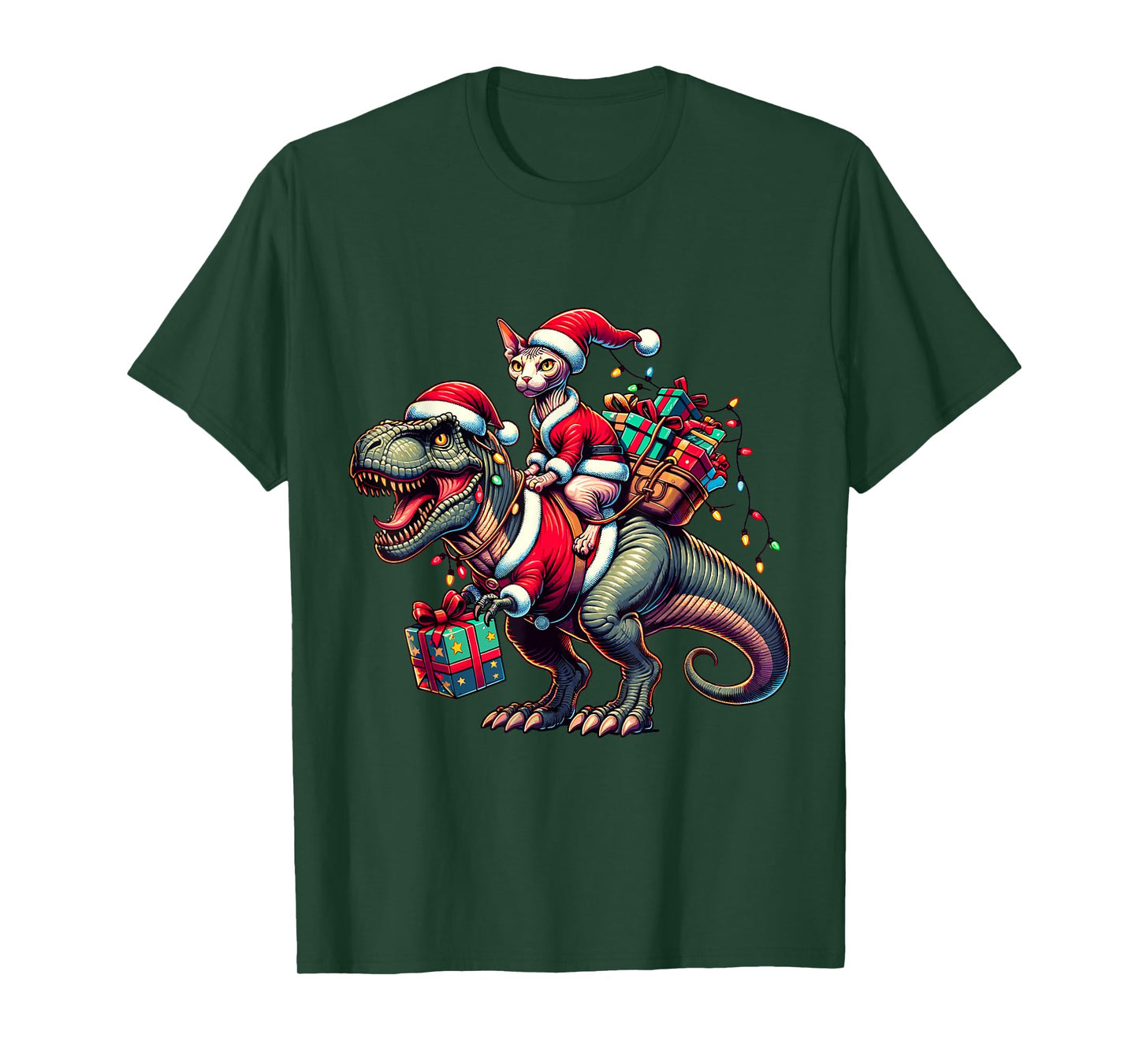 Adorable Sphynx Cat Rides Christmas T-Rex Santa for Sphynx T-Shirt