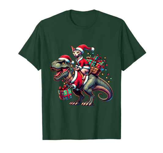 Adorable Sphynx Cat Rides Christmas T-Rex Santa for Sphynx T-Shirt