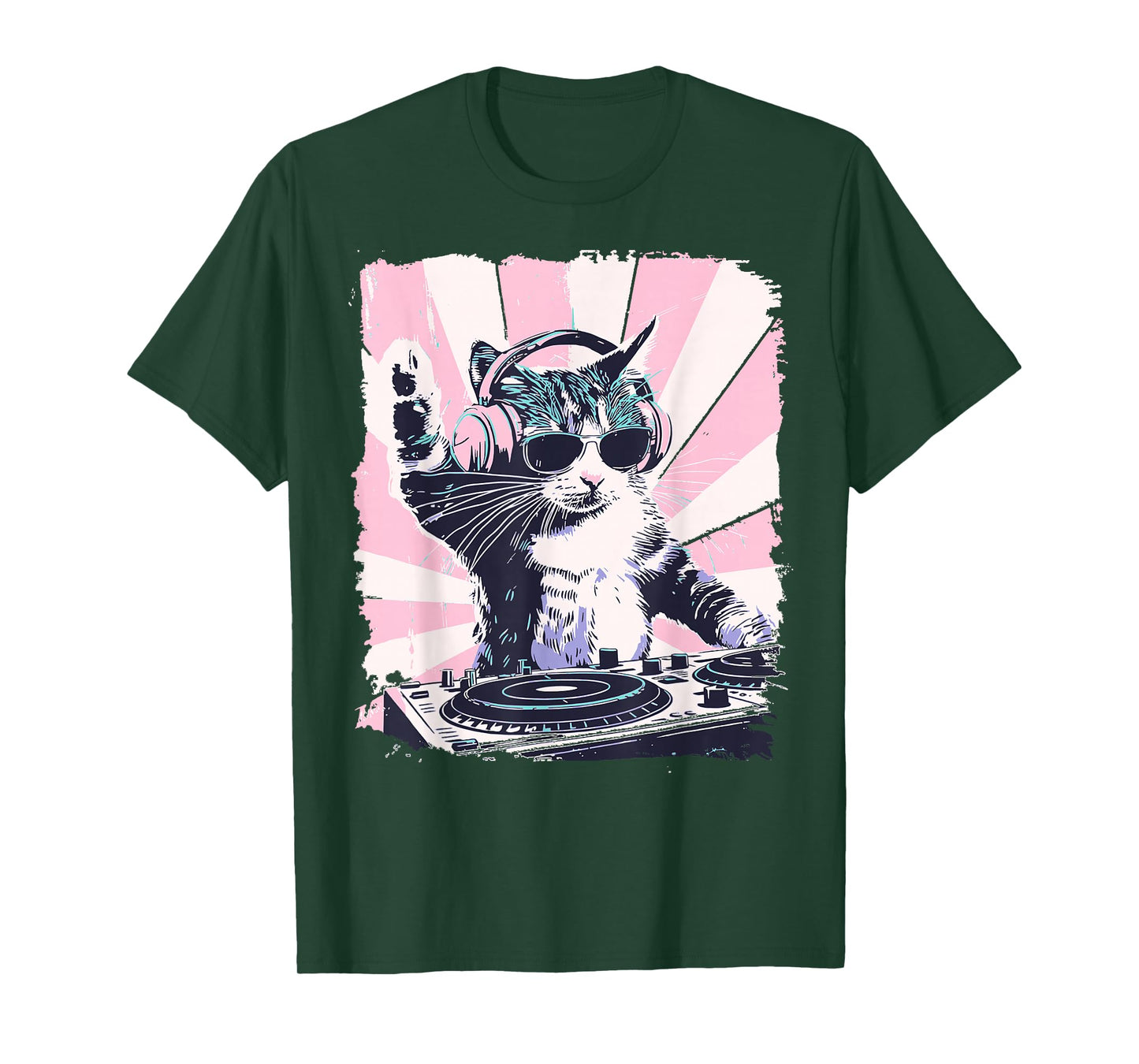 Funny DJ Cat with Headphones Retro Music Lover Art T-Shirt