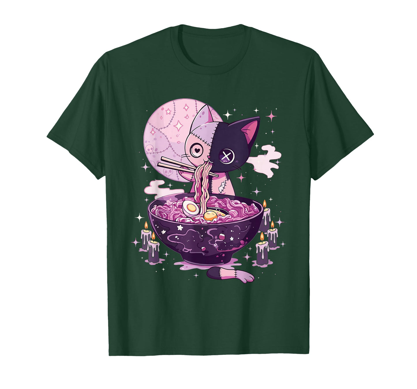 Kawaii Pastel Goth Zombie Patchwork Cat Eating Ramen Noodles T-Shirt