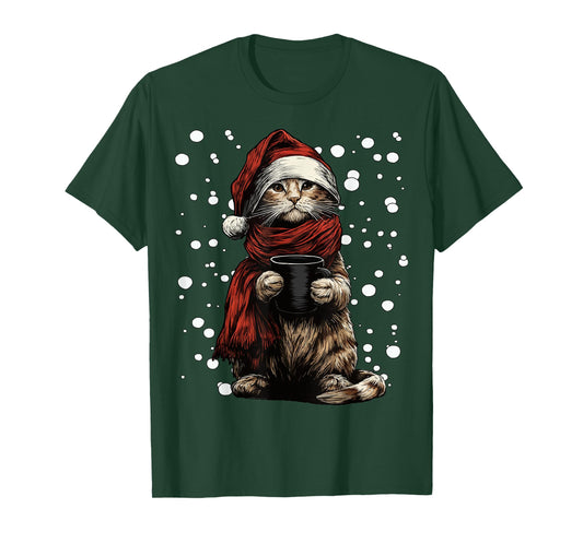 Christmas Tabby Cat with Santa Hat Coffee Lover Funny Kitten T-Shirt