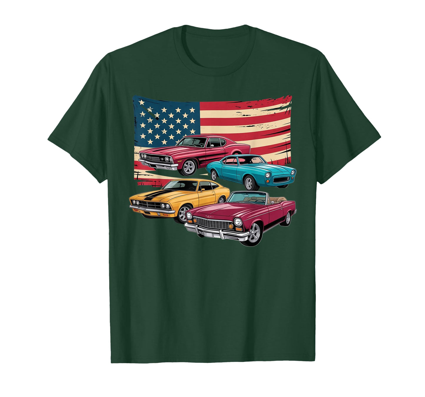 Patriotic American Flag Vintage Muscle Car T-Shirt