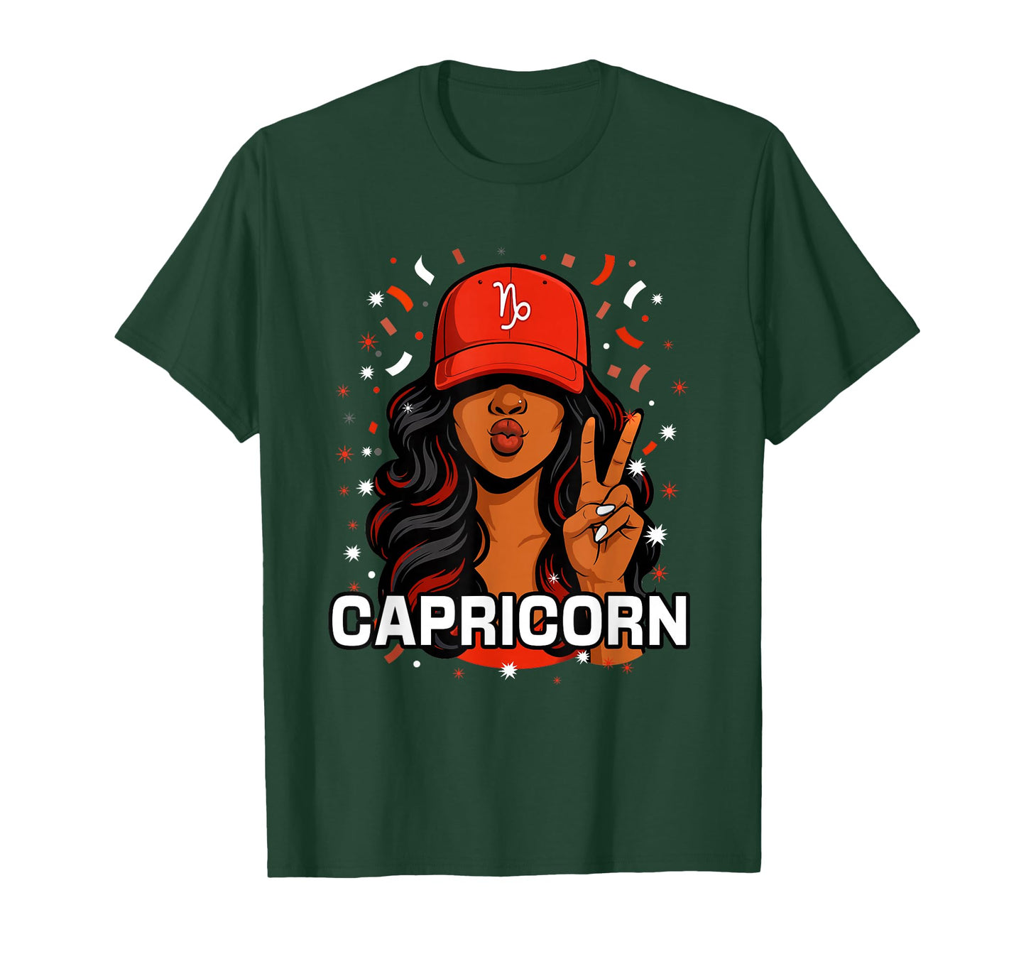 Capricorn Black Woman Red Hat Symbol Birthday Zodiac T-Shirt