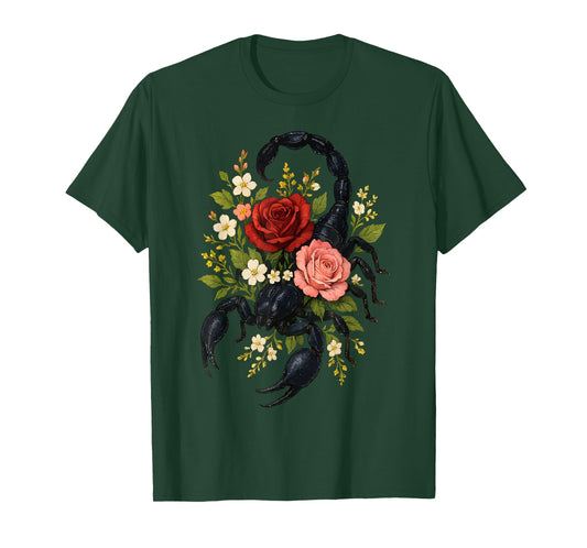 Mystical Scorpion and Roses Dark Scorpion with Wildflowers T-Shirt