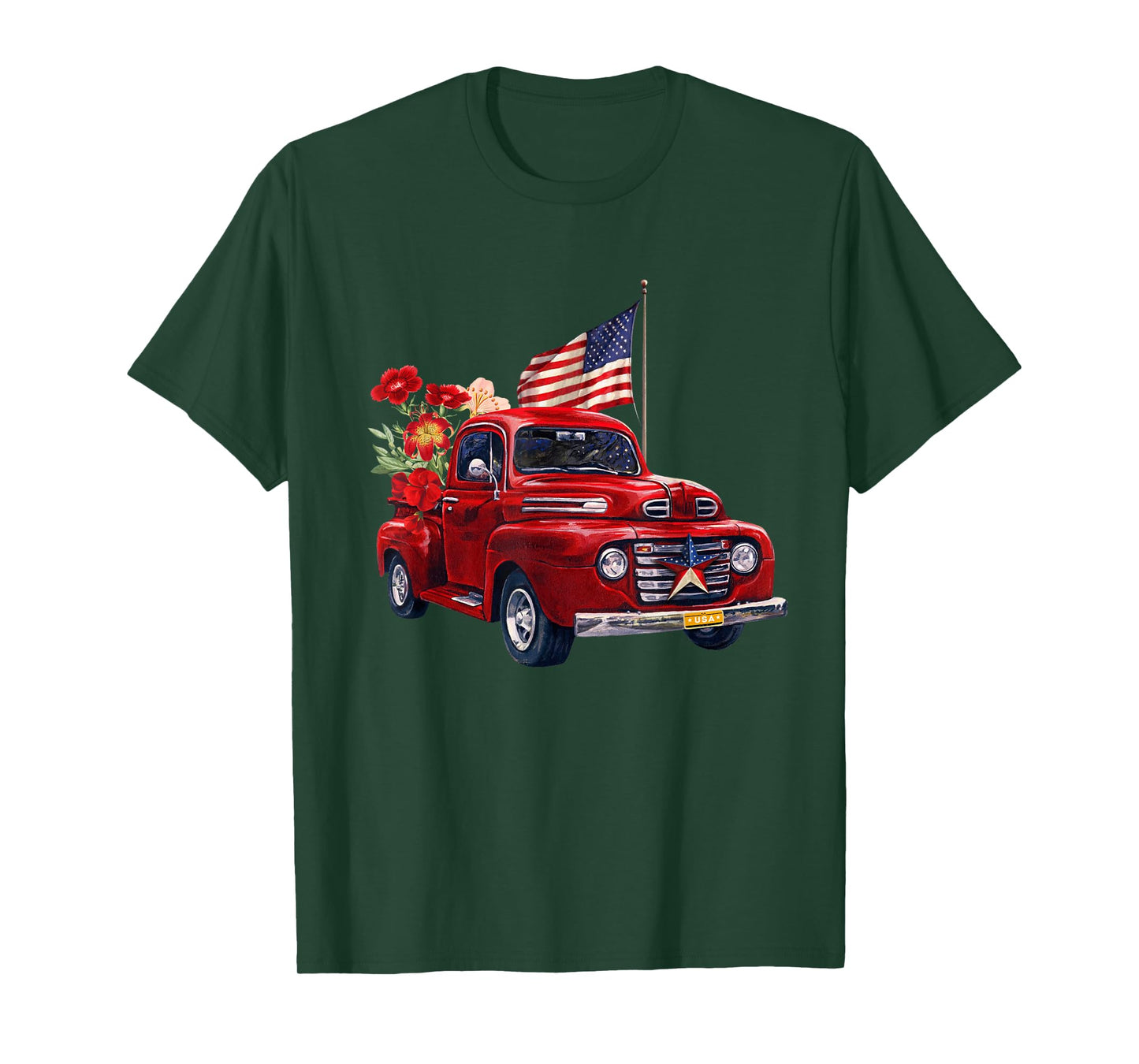 Red Truck With Flowers American Flag Happy 4th Of July Women Men T-Shirt