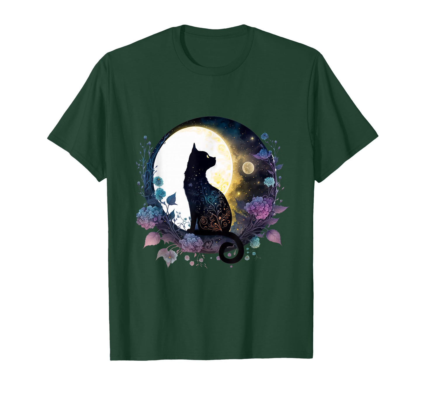 Moonlit Black Cat Tee – Lunar Floral Night Cat T-Shirt