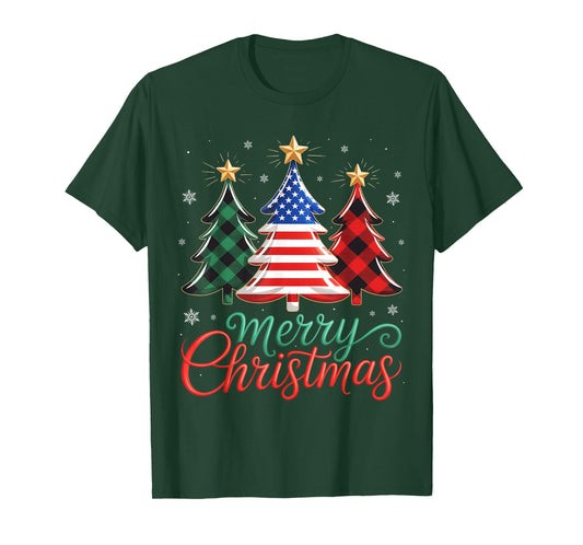 Merry Christmas Tree Plaid US Flag Xmas Men Women Snowflake T-Shirt