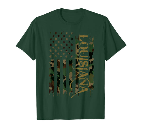 Louisiana United States Distressed Camo w US Flag T-Shirt